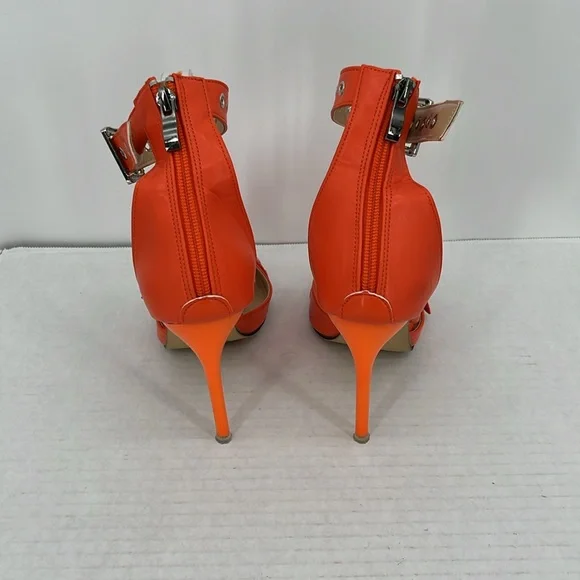Orange faux leather pointed toe buckle design ankle wrap edgy party heels sz 6.5 - Picture 11 of 16